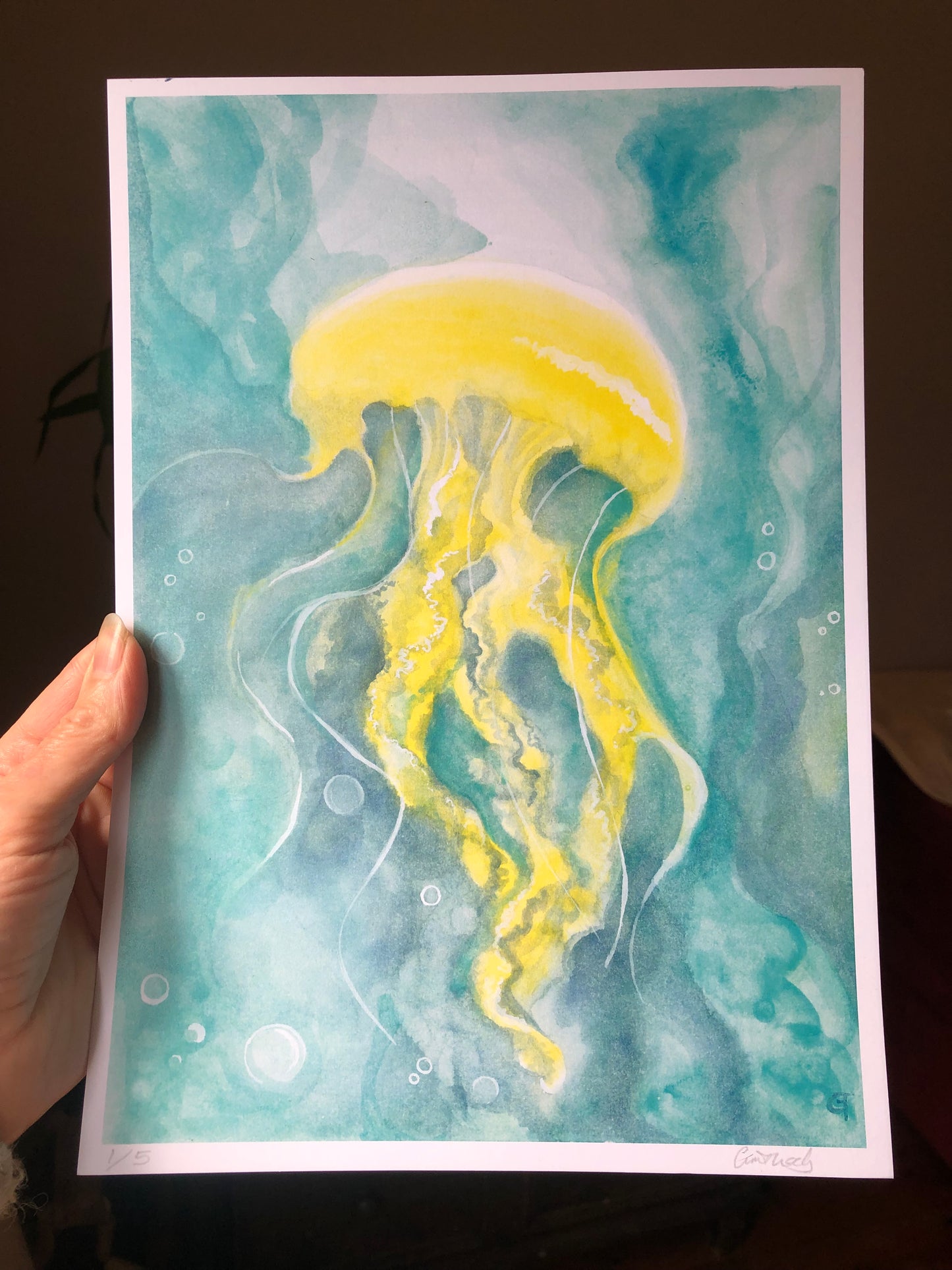 ‘Sun Jellyfish’ Print of watercolour and crystal pigment painting by Gemma Thody