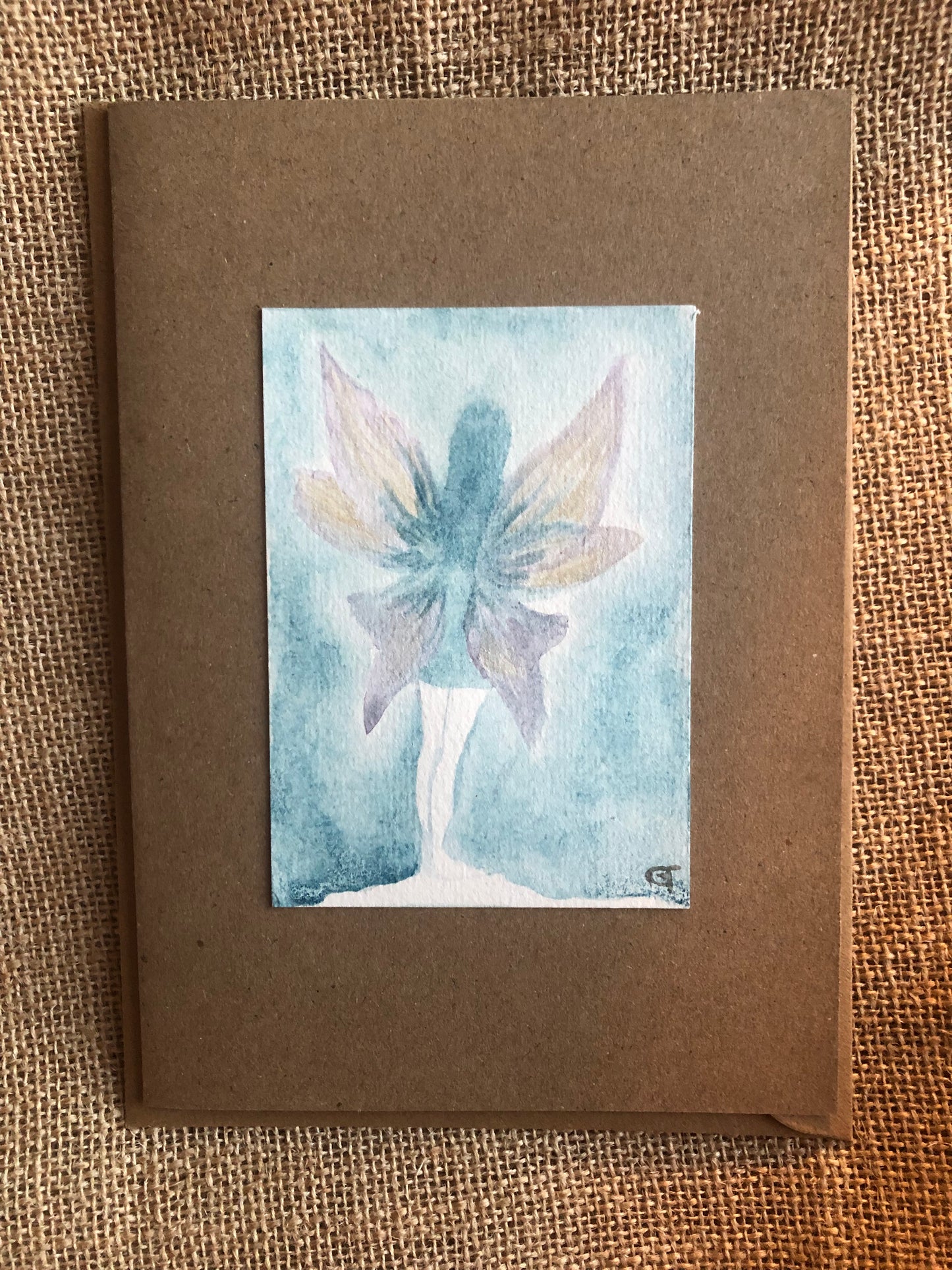 ‘Lapis Faery’ Original watercolour, lapis lazuli pigment by Gemma Thody. Greeting card.
