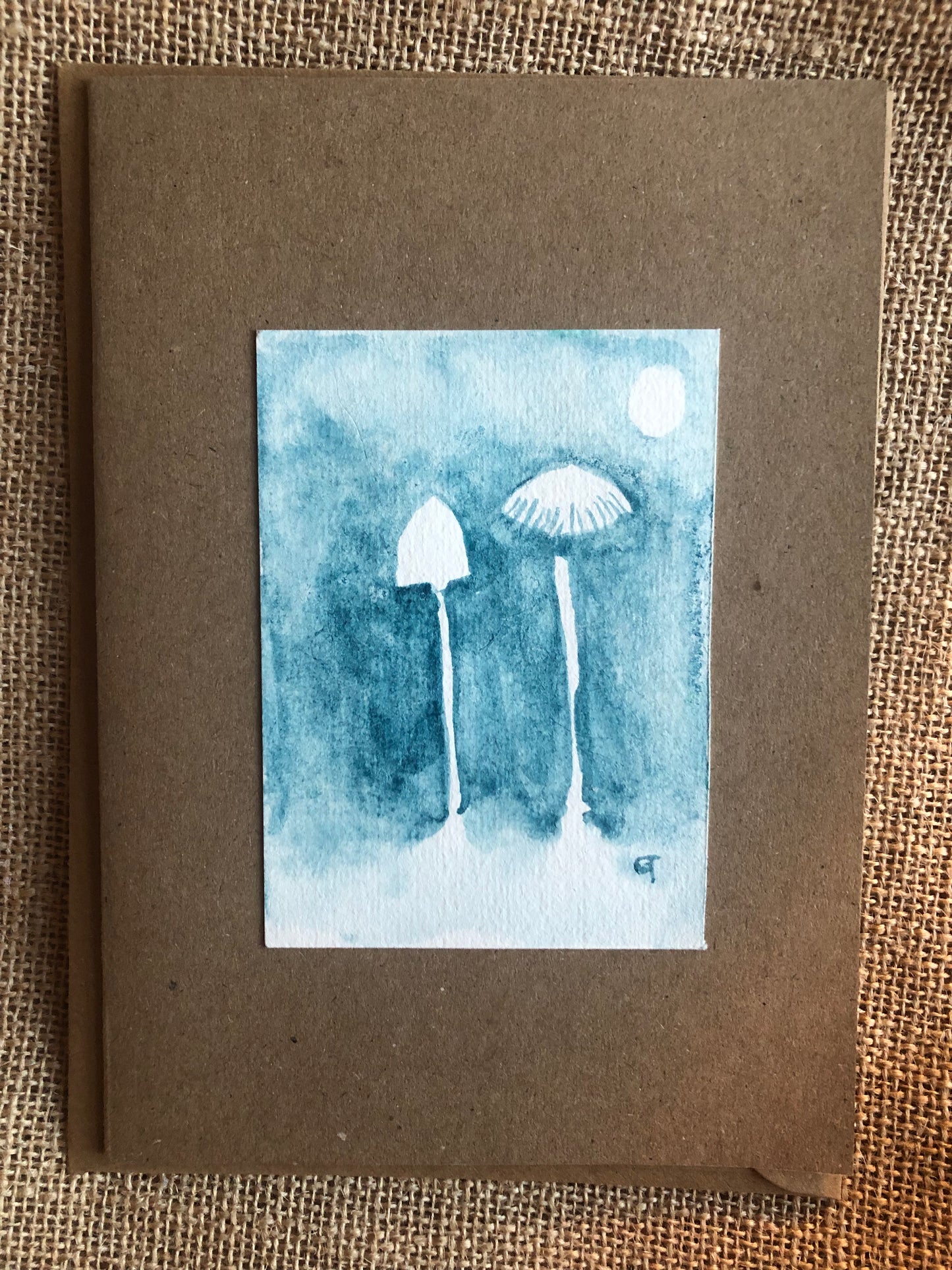 Mushroom moon, Original Watercolour, Mayan blue and lapis lazuli pigment. Greeting Card.