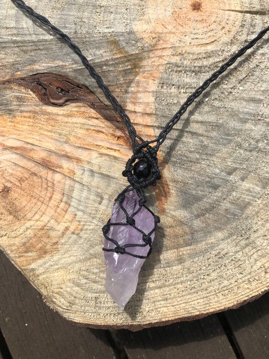 Amethyst black thread micro macrame necklace.