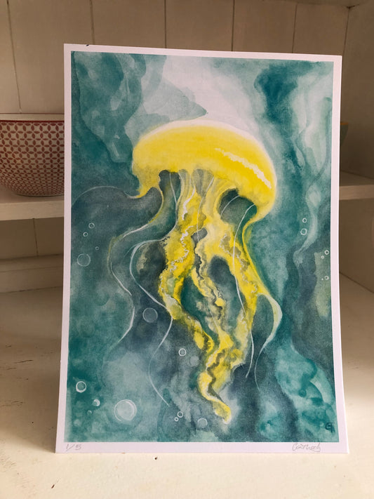 ‘Sun Jellyfish’ Print of watercolour and crystal pigment painting by Gemma Thody