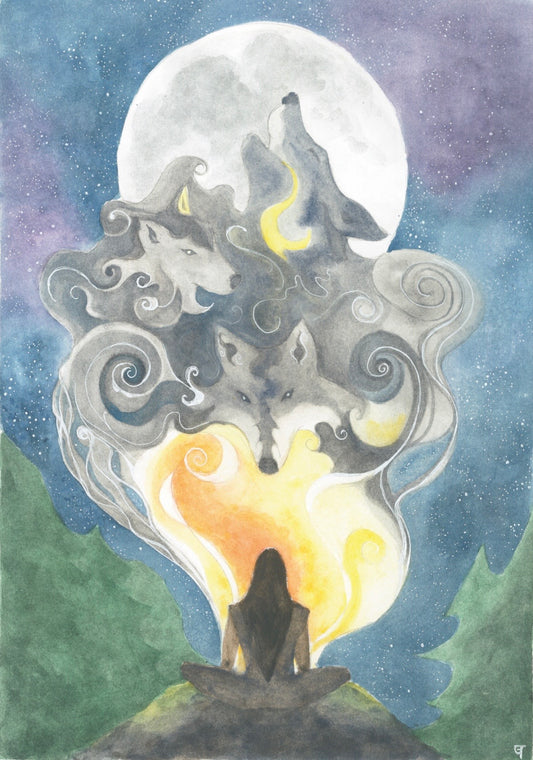 ‘Howl of Fire’ Art Print of watercolour and crystal pigment painting by Gemma Thody