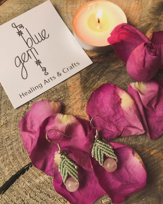 Rose Quartz, Mint green, Micro Macrame Earrings