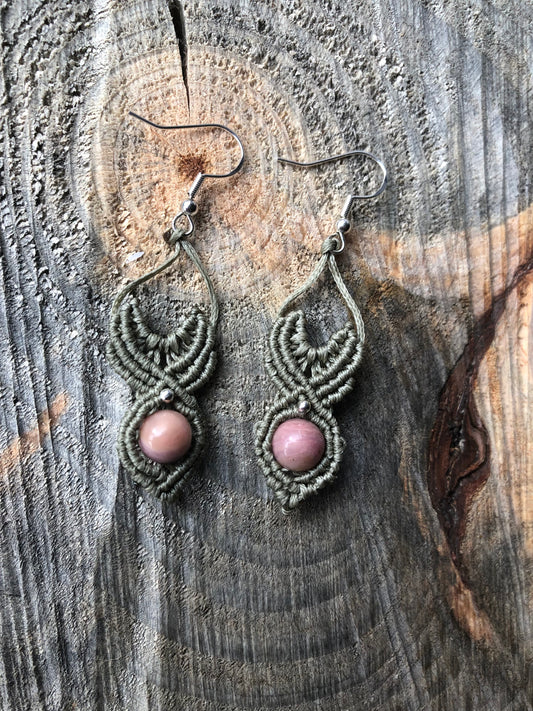 Rhodonite Olive Micro Macrame Earrings.