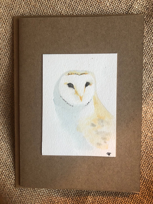 Barn Owl, Original watercolour, lapis lazuli and hematite pigment painting. Greeting Card.