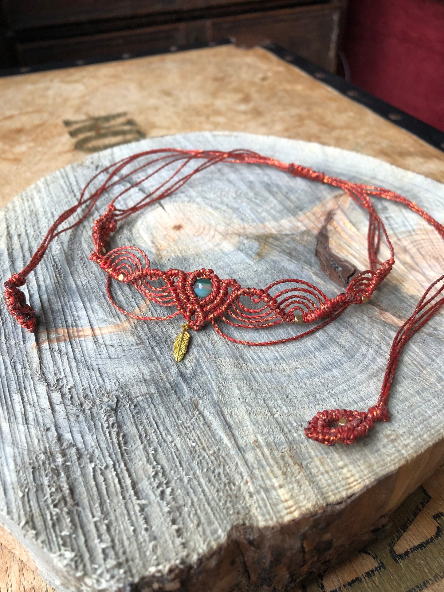 Copper and green agate high necklace/ choker.