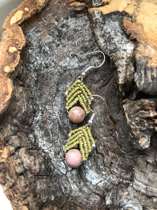 Rhodonite crystal and olive green thread earrings.