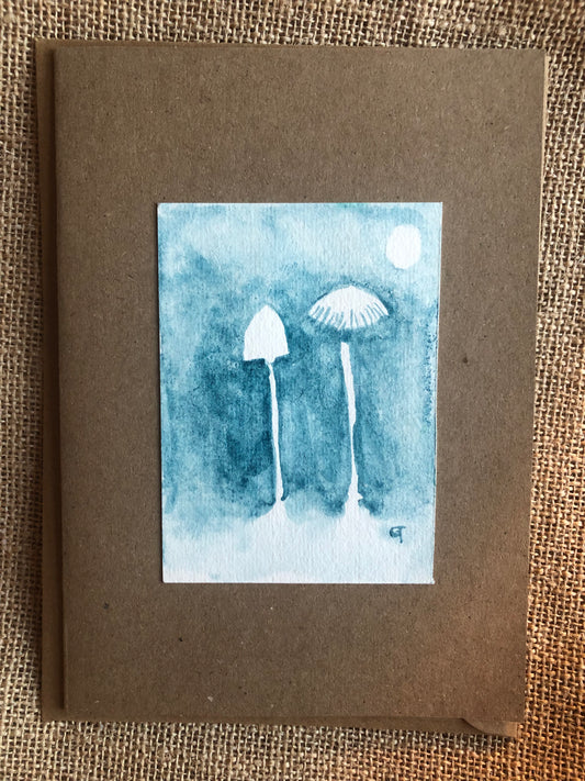 Mushroom moon, Original Watercolour, Mayan blue and lapis lazuli pigment. Greeting Card.