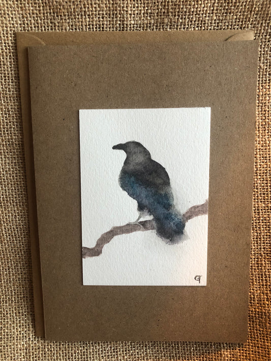 Crow, Original watercolour, hematite and lapis lazuli pigment painting. Greeting Card.