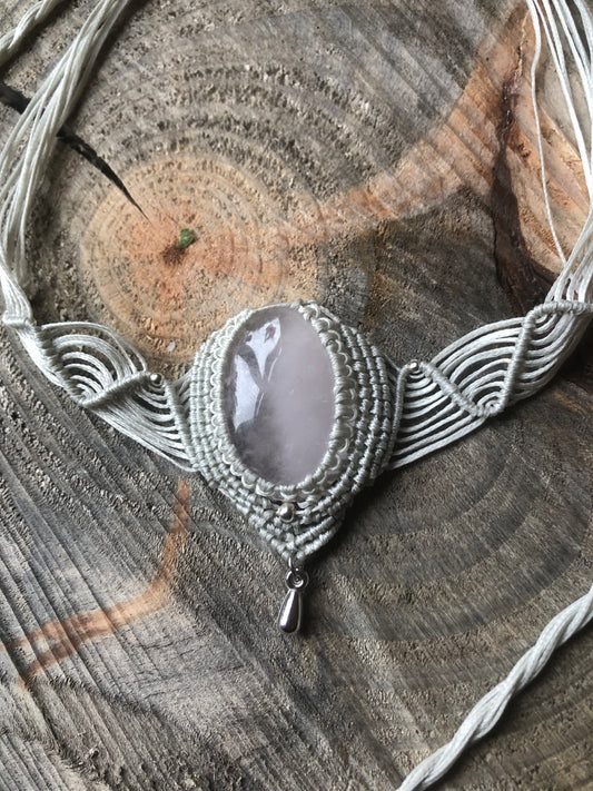 Rose Quartz, Grey Silk Cabochon Necklace.